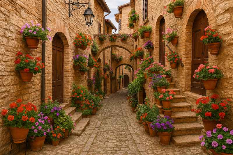 Borghi medievali Umbria, vicolo fiorito di Spello