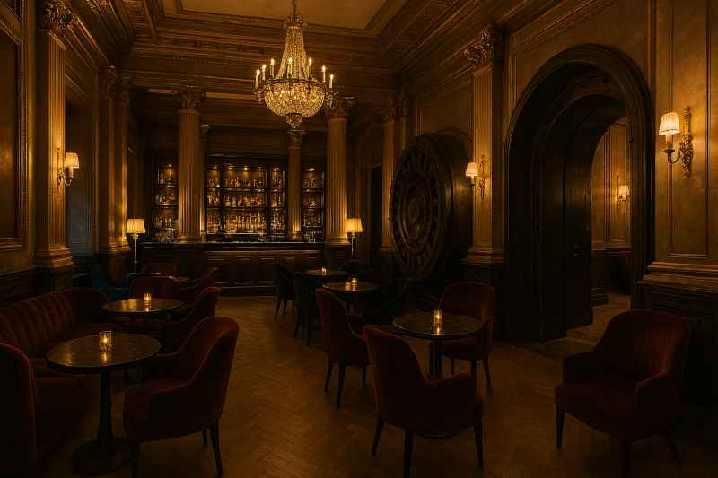 Interno di un boutique hotel di lusso a Bucarest ricavato da una vecchia banca con dettagli dorati e atmosfera elegante