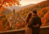 Coppia che si gode un weekend romantico tra i colori del foliage e un borgo italiano incantato, ideale per una fuga d’autunno su doveweekend.com.