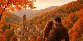 Coppia che si gode un weekend romantico tra i colori del foliage e un borgo italiano incantato, ideale per una fuga d’autunno su doveweekend.com.