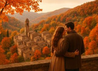 Coppia che si gode un weekend romantico tra i colori del foliage e un borgo italiano incantato, ideale per una fuga d’autunno su doveweekend.com.
