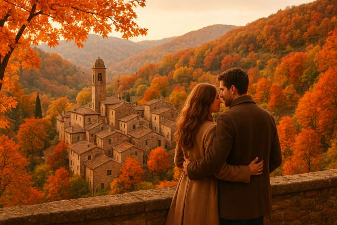 Coppia che si gode un weekend romantico tra i colori del foliage e un borgo italiano incantato, ideale per una fuga d’autunno su doveweekend.com.