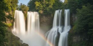 Veduta della Cascata delle Marmore dal Belvedere Inferiore con arcobaleno e vegetazione rigogliosa
