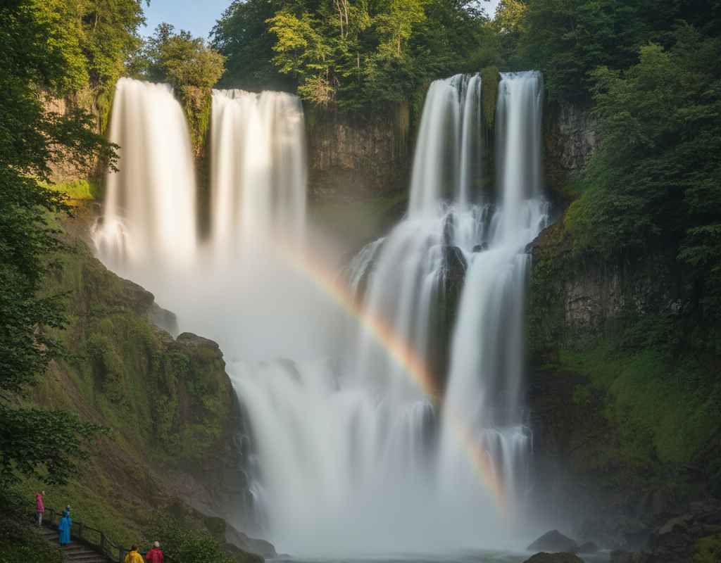 Veduta della Cascata delle Marmore dal Belvedere Inferiore con arcobaleno e vegetazione rigogliosa