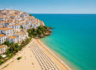 Vista panoramica di Sperlonga con borgo antico, spiaggia e mare cristallino