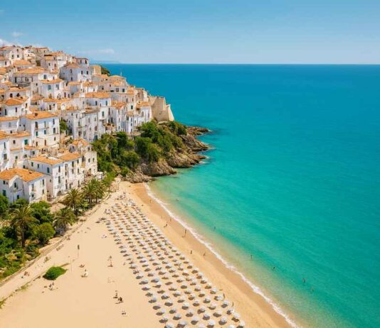 Vista panoramica di Sperlonga con borgo antico, spiaggia e mare cristallino