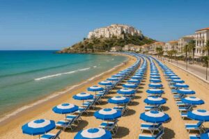 Spiaggia dorata e lungomare di Sperlonga con vista sul borgo bianco
