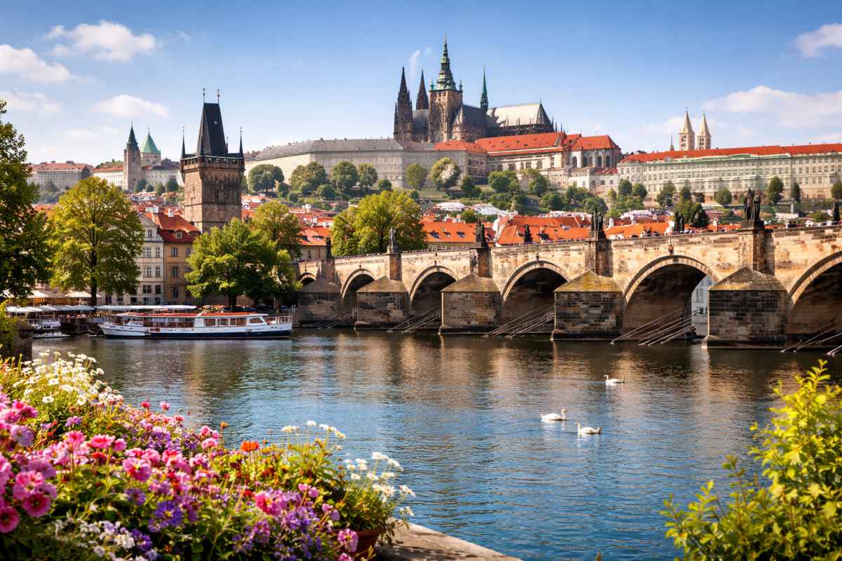 Vista panoramica di Praga con il Ponte Carlo e il Castello illuminati dal sole, meta ideale per un weekend in Europa 